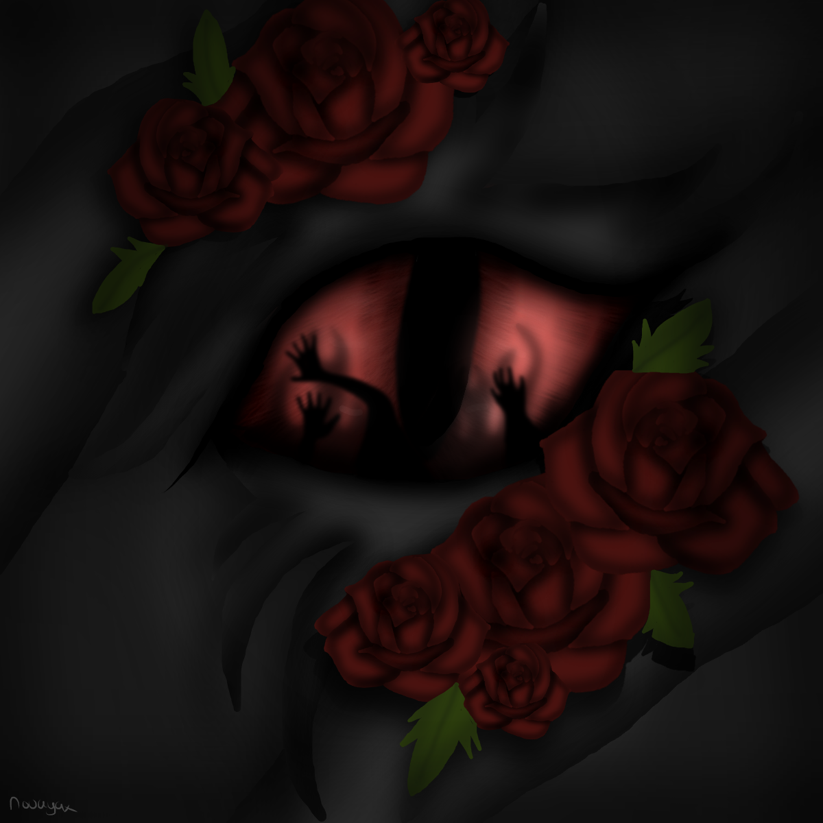 Dark red skull artwork with atmospheric background